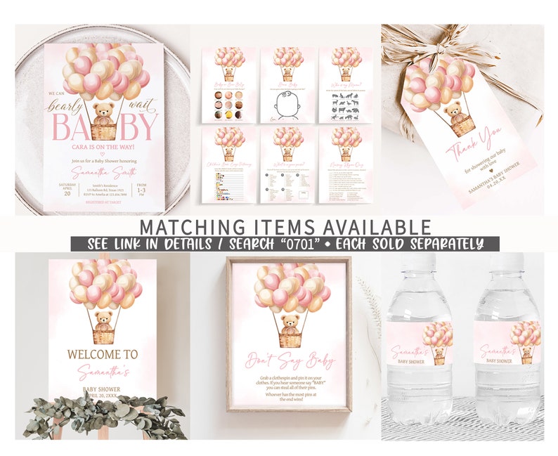 Op de afbeelding: Een set met printbare baby shower decoraties met een teddybeer in een luchtballon met roze en witte ballonnen. De tekst "We can barely wait BABY" staat op de uitnodiging. De set bevat een welkomstbord, een 'zeg niet baby' bord, waterfleslabels en een bedankkaart.
