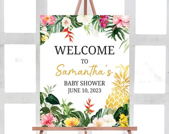 Editable Pineapple Aloha Baby Shower Welcome Sign, Girl Hawaiian Baby Shower Welcome Poster, Luau Tropical Summer Baby Shower  Sign, 0277