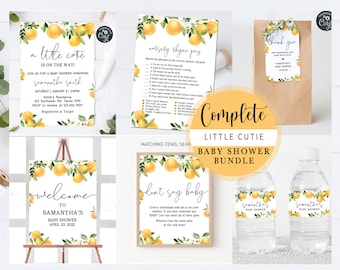 May include: A baby shower bundle featuring a lemon design. The bundle includes a welcome sign, invitation, game cards, thank you tags, and water bottle labels. The invitation text reads "A little cutie is on the way!" and the welcome sign reads "Welcome to Samantha's Baby Shower".