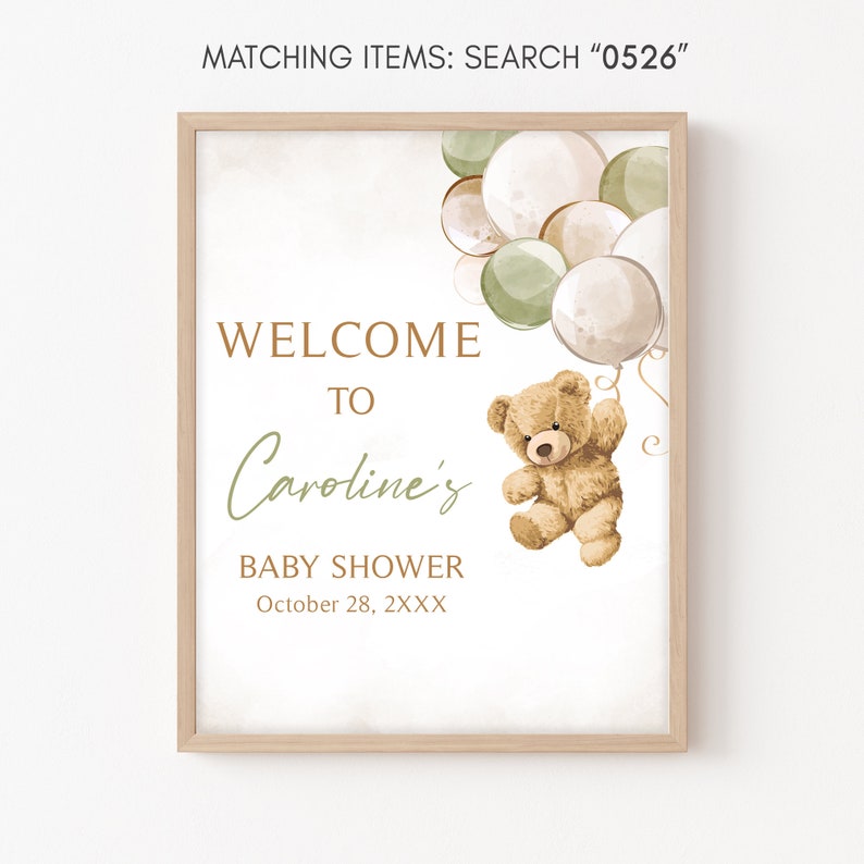 Editable Gender Neutral Bear Baby Shower Welcome Sign, We Can Bearly Wait Baby Shower Welcome Poster, Green Balloon Bear Baby Shower, 0526 image 3