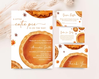 Editable Little Cutie Pie Baby Shower Invitation Bundle, Cutie Pie Baby Shower Invite Set, Fall Baby Shower, Pumpkin Baby Shower Invite 0961