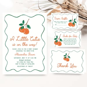 Editable A Little Cutie Is On the Way Baby Shower Invitation Bundle, Orange Baby Shower Invite Set, Neutral Citrus Baby Shower Invite, 01056