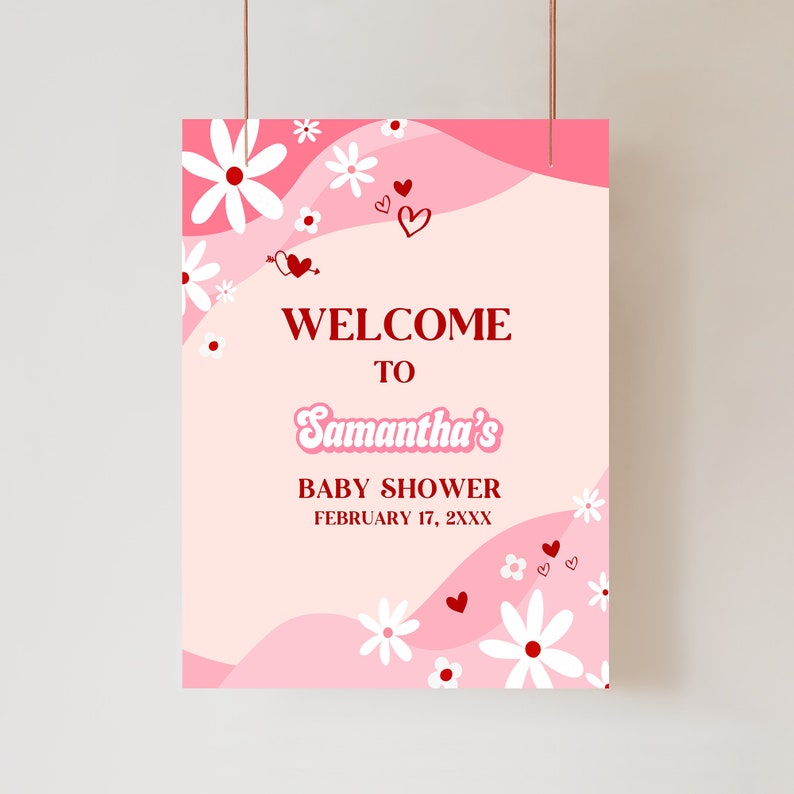 Editable Retro Groovy Valentine Sweetheart Baby Shower Welcome Sign, Valentine Baby Shower Welcome Poster, Red Heart Baby Shower Sign, 0590 image 1