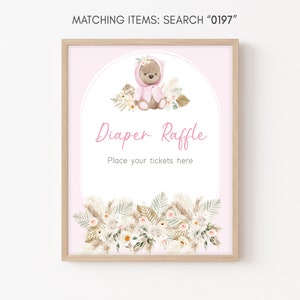 Signo de rifa de pañales Oso Baby Shower Oso de peluche rosa Baby Shower Juego de pañales Signo Boho Baby Shower Decoración Bebé Niña Plantilla imprimible 0197