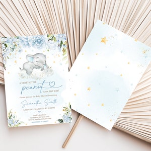 Paquete editable de invitación de baby shower de elefante azul, conjunto de invitación de baby shower de elefante floral azul, invitación de baby shower de niño de flores azules, 0636 imagen 2