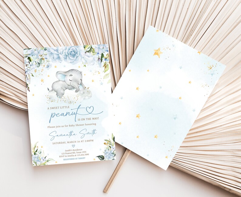 Paquete editable de invitación de baby shower de elefante azul, conjunto de invitación de baby shower de elefante floral azul, invitación de baby shower de niño de flores azules, 0636 imagen 2
