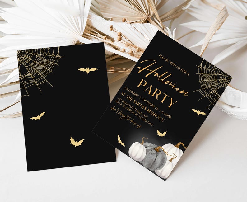 a black and gold halloween party with pumpkins and bats