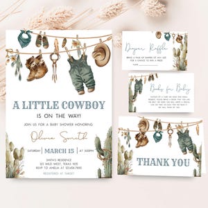 Editable A Little Cowboy Baby Shower Invitation Bundle, Cowboy Baby Clothes Boho Baby Shower Invite, Wild West Baby Shower Invites, 01043