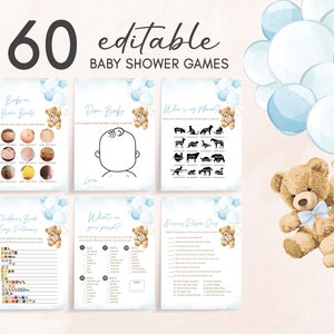Editable Boy Bear Balloon Baby Shower Games Bundle, We Can Bearly Wait Baby Shower Game Pack, Blue Teddy Bear Baby Shower Game Template 0421