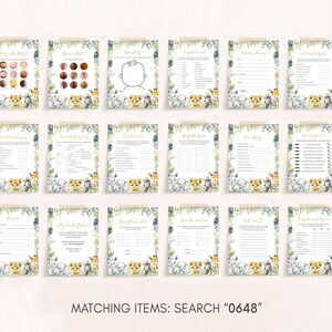 Puede incluir: Un conjunto de 12 tarjetas de juego de baby shower imprimibles con un tema de jungla con lindas ilustraciones de animales. Las tarjetas incluyen juegos como "Adivina la comida para beb&eacute;s", "&iquest;Qui&eacute;n conoce mejor a mam&aacute;?" y "Bingo de baby shower".