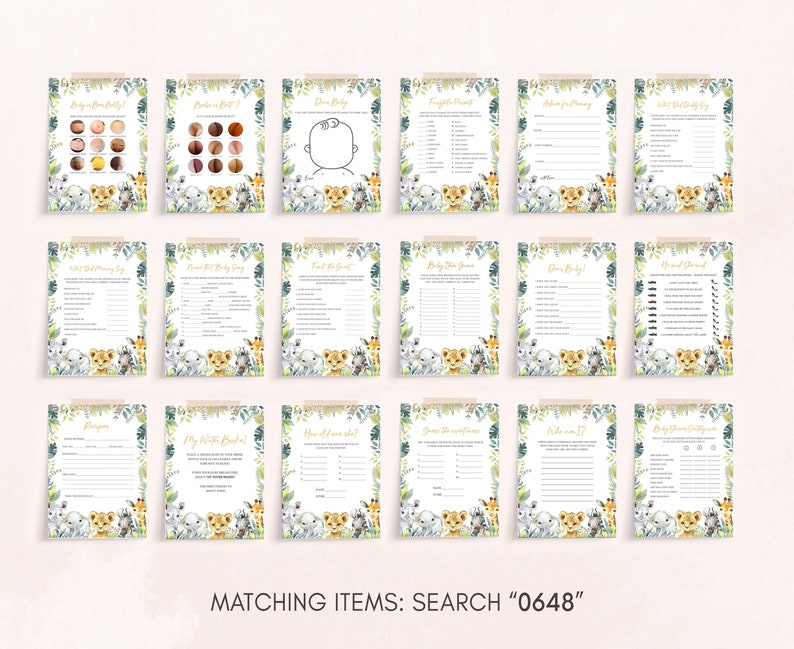 Puede incluir: Un conjunto de 12 tarjetas de juego de baby shower imprimibles con un tema de jungla con lindas ilustraciones de animales. Las tarjetas incluyen juegos como "Adivina la comida para beb&eacute;s", "&iquest;Qui&eacute;n conoce mejor a mam&aacute;?" y "Bingo de baby shower".