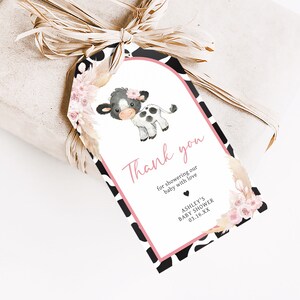 Editable Pink Cow Baby Shower Favor Tags, Girl Holy Cow Baby Shower Gift Tag, Boho Floral Highland Cow Farm Baby Shower Thank You Tags, 0662 image 3