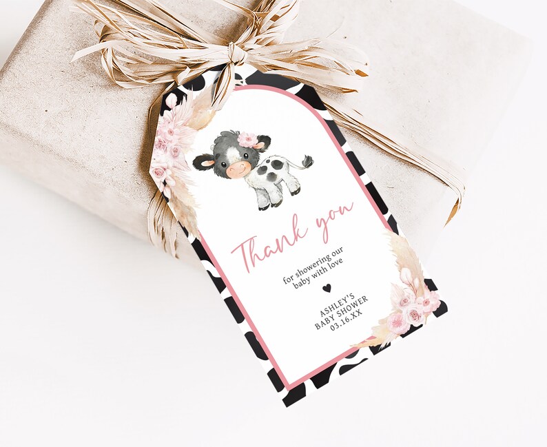 Editable Pink Cow Baby Shower Favor Tags, Girl Holy Cow Baby Shower Gift Tag, Boho Floral Highland Cow Farm Baby Shower Thank You Tags, 0662 image 3