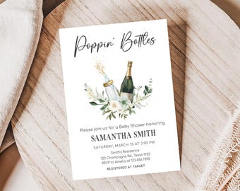 Invito modificabile per baby shower Poppin' Bottles, invito per baby shower con champagne per coppie, inviti per baby shower con bottiglie di vino di genere neutro, 0998