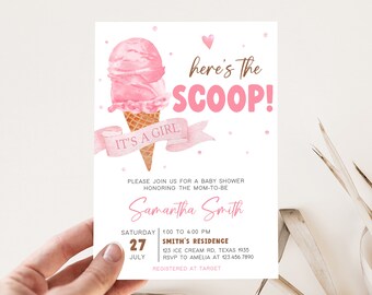 Bearbeitbare rosa Eis-Babyparty-Einladung, hier ist die Schaufel-Babyparty-Einladung, es ist eine Mädchen-Sommer-Babyparty-Einladungsvorlage 0792