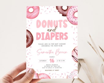 Editable Pink Donuts and Diapers Baby Shower Invitation, Girl Baby Sprinkle Baby Shower Invite, Sweet Girl Baby Shower Invitation, 0711