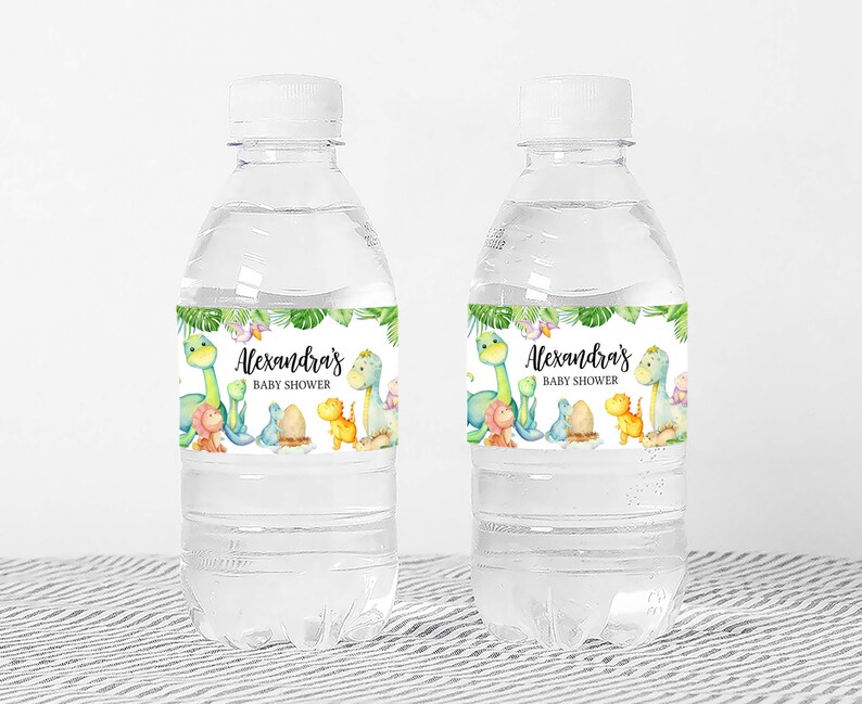 a bottle of water with dinosaurs on it