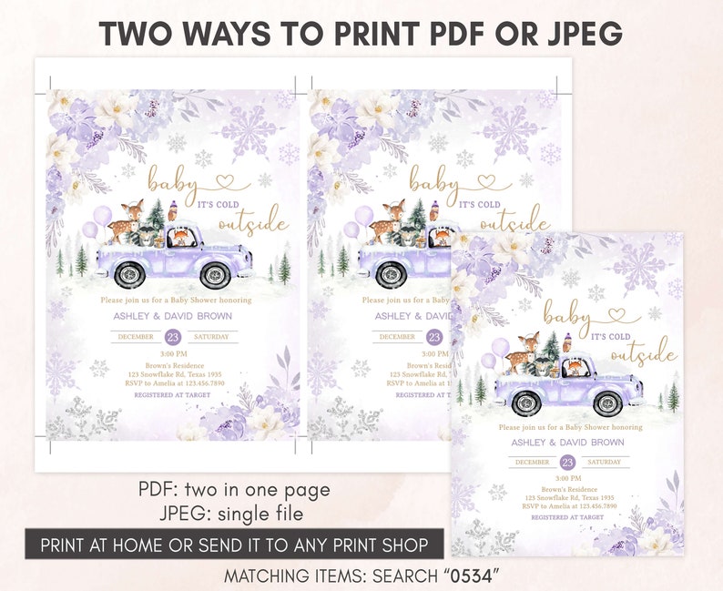 Editable Purple Winter Woodland Baby Shower Invitation, Girl Woodland Winter Baby Shower Invite, Girl Baby It's Cold Outside Invite, 0534 image 3