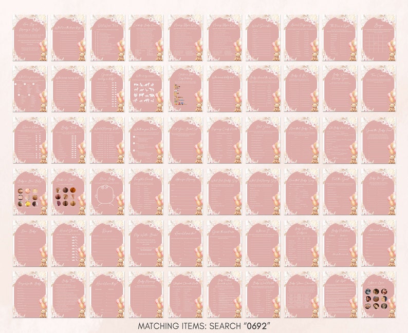 a sheet of pink stickers with different designs