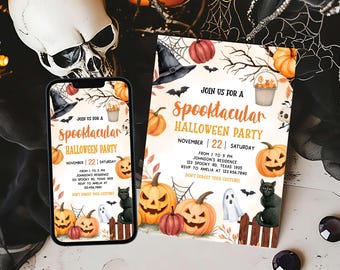 Bearbeitbare Halloween-Party-Einladung, Spooktacular Party einladen, gruselige Kürbis-Halloween-Einladung, Halloween Spooktacular einladen, 118SE