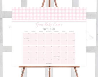 Editable Pink Gingham Baby Shower Due Date Calendar, Girl Picnic Baby Shower Calendar, Backyard Baby-Q Baby Shower Birthday Prediction, 0777