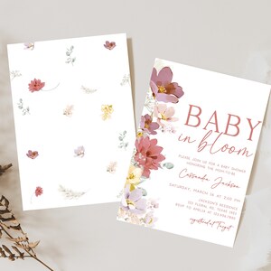 Bearbeitbares Baby in Bloom-Babyparty-Einladungspaket, Frühlingsblumen-Babyparty-Einladungssatz, rosa Blumen-Mädchen-Babypartyeinladung, 0613 Bild 2