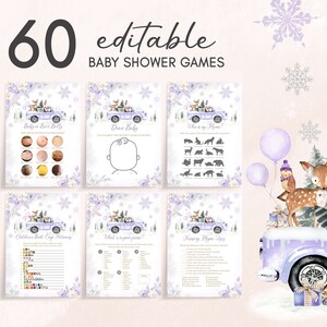 Editable Purple Winter Woodland Baby Shower Games Bundle, Girl Woodland Winter Baby Shower Game Pack, Girl Baby It's Cold Outside Game, 0534 image 1
