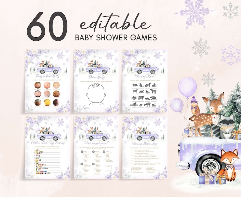 Editable Purple Winter Woodland Baby Shower Games Bundle, Girl Woodland Winter Baby Shower Game Pack, Girl Baby It's Cold Outside Game, 0534 image 1