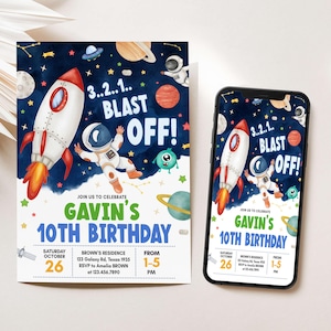 Editable Outer Space Birthday Invitation, Galaxy Birthday Party Invite, Planets Rocket Ship Invite, Astronaut Birthday Party Invite, 44BD