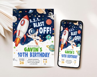 Bearbeitbare Weltraum-Geburtstags-Einladung, Galaxie-Geburtstags-Party einladen, Planeten-Raketen-Schiff einladen, Astronaut-Geburtstags-Party einladen, 44BD
