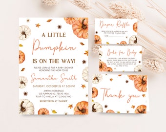 May include: A set of baby shower invitations and cards with a pumpkin theme. The invitation reads "A Little Pumpkin is on the Way!" with watercolor pumpkins and fall foliage. Includes diaper raffle and thank you cards.