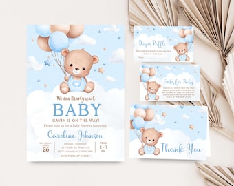 Editable We Can Bearly Wait Baby Shower Invitation Bundle, Blue Bear Baby Shower Invite Set, Boy Bear Balloon Baby Shower Invitation, 01104