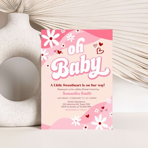Edytowalny zestaw zaproszeń na baby shower w stylu retro groovy walentynkowy, zestaw zaproszeń na baby shower w kształcie serca, 0590 zdjęcie 3