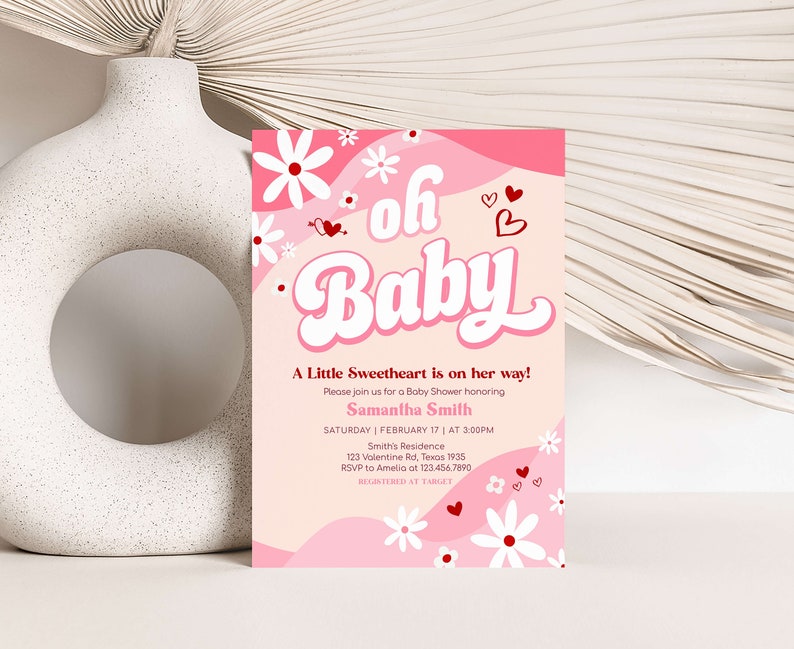 Edytowalny zestaw zaproszeń na baby shower w stylu retro groovy walentynkowy, zestaw zaproszeń na baby shower w kształcie serca, 0590 zdjęcie 3