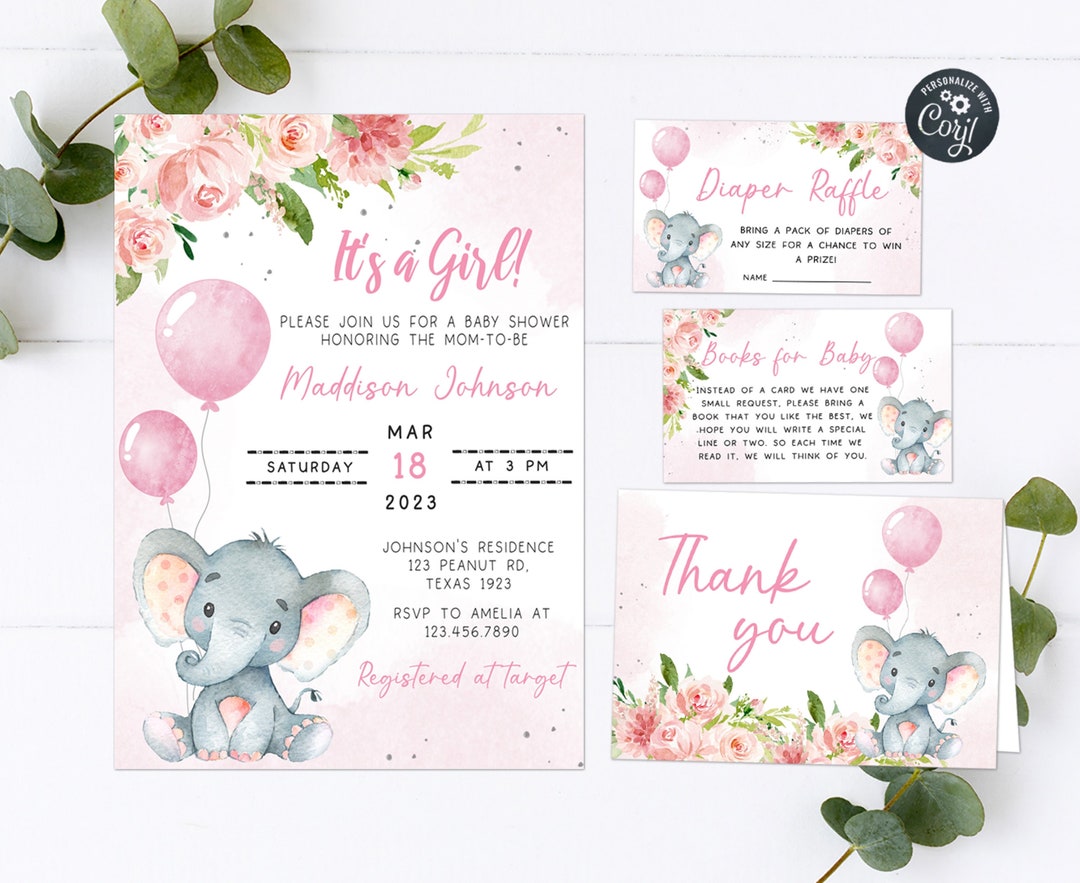 Editable Blush Pink Elephant Baby Shower Invitation Set, Girl Baby ...