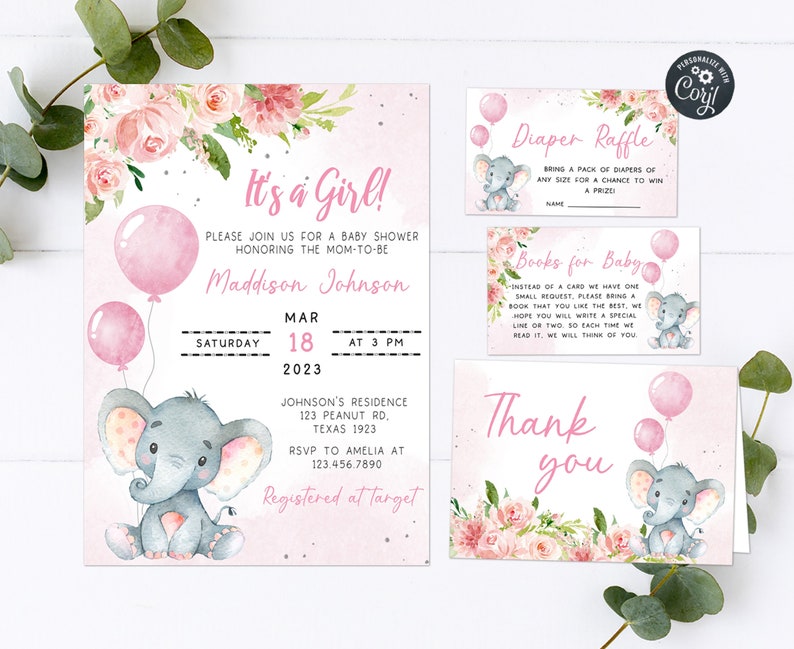 May include: It's a Girl! Baby shower invitation with a pink and gray elephant holding balloons. The invitation includes the date, time, and location of the shower. It also includes the name of the mom-to-be, Maddison Johnson, and the registry information. The invitation is decorated with pink flowers.
