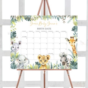 Editable Wild One Baby Shower Due Date Calendar, Jungle Safari Baby Shower Calendar, Greenery Safari Animals Birthday Prediction Game, 0648 image 1