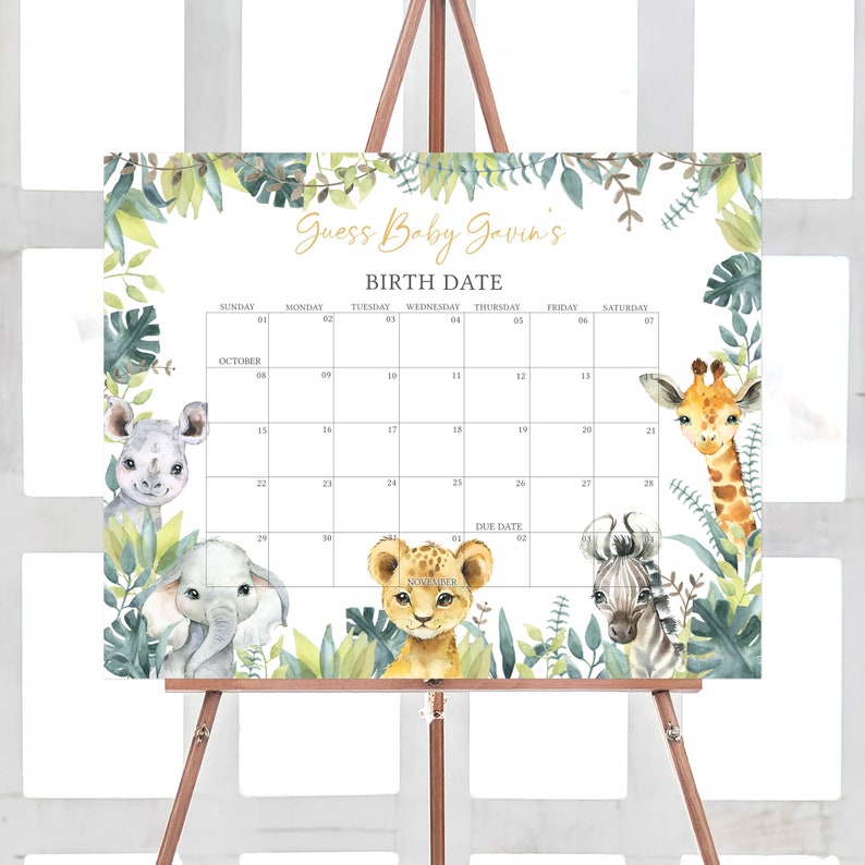Editable Wild One Baby Shower Due Date Calendar, Jungle Safari Baby Shower Calendar, Greenery Safari Animals Birthday Prediction Game, 0648 image 1