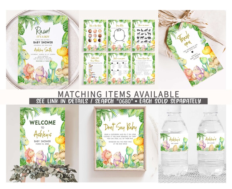 Editable Dinosaur Baby Shower Invitation Bundle, Greenery Dino Baby Shower Invite Set, Baby Dinosaur It's A Boy Baby Shower Invitation, 0680 image 8