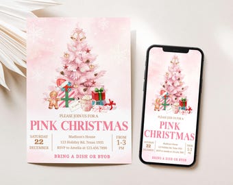 May include: Pink Christmas invitation with a watercolor illustration of a pink Christmas tree, gifts, and gingerbread man. The invitation includes event details and the text "PINK CHRISTMAS". A smartphone displays the same invitation.