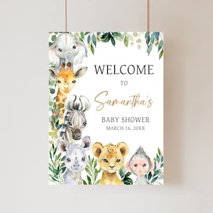 Redigerbar välkomstskylt för babyshower med en liten vild man, välkomstaffisch för djungelsafari, babyshowerskylt med gröna safaridjur 0601 bild 1