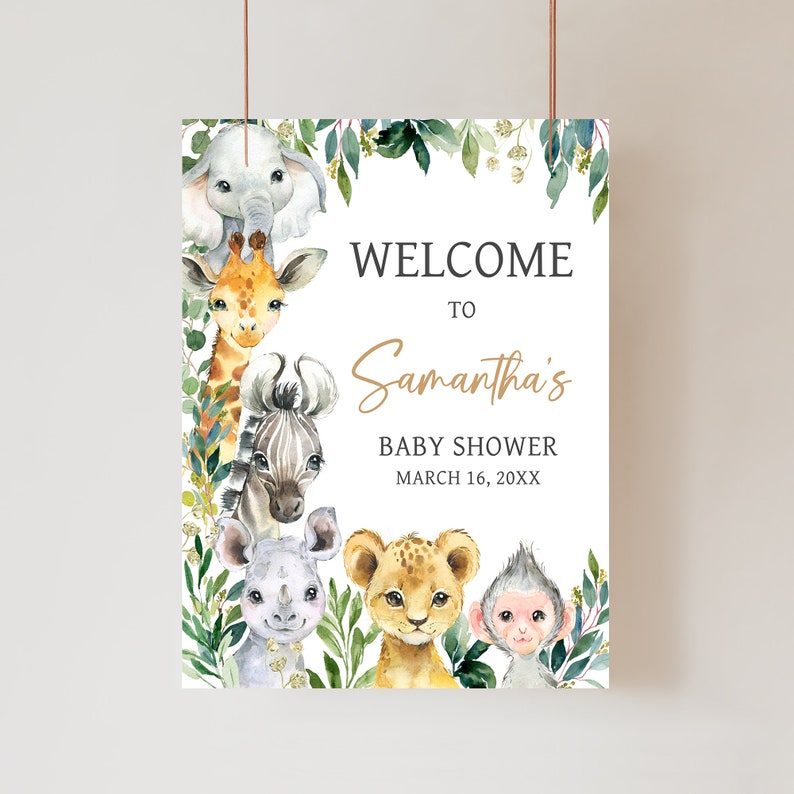 Redigerbar välkomstskylt för babyshower med en liten vild man, välkomstaffisch för djungelsafari, babyshowerskylt med gröna safaridjur 0601 bild 1