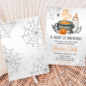 Editable A Baby is Brewing Halloween Baby Shower Invitation Bundle, Gender Neutral Halloween Baby Shower Invite Set, Witch Baby Shower, 0489 image 2