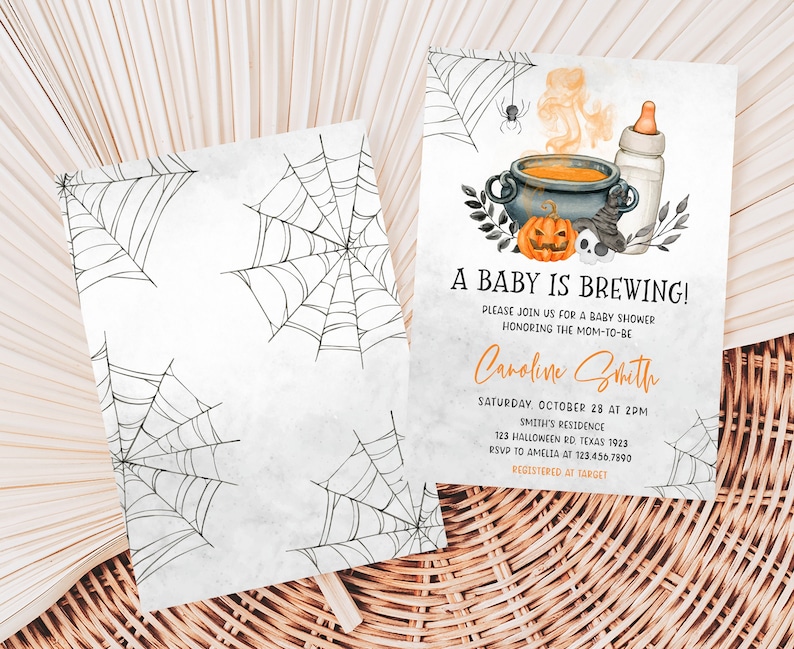 Editable A Baby is Brewing Halloween Baby Shower Invitation Bundle, Gender Neutral Halloween Baby Shower Invite Set, Witch Baby Shower, 0489 image 2