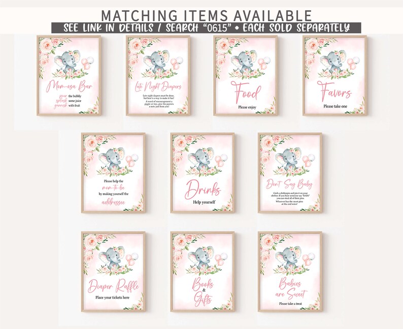 Pu&ograve; includere: Un set di 9 cartelli stampabili per una festa di baby shower con un simpatico elefante grigio con fiori e palloncini rosa. I cartelli includono titoli come "Bar delle Mimosas", "Pannolini Notturni", "Cibo", "Favori", "Bevande", "Non Dire Baby", "Lotteria dei Pannolini", "Libri e Regali", e "I Bambini sono Dolci".