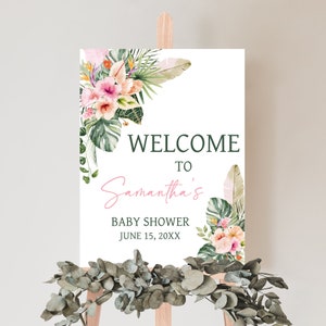Editable Pink Floral Tropical Baby Shower Welcome Sign, Aloha Baby Girl Baby Shower Welcome Poster, Luau Hawaiian Baby Shower Sign, 0735