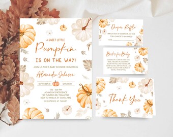 May include: A set of baby shower invitations and cards with a pumpkin theme. The main invitation reads "A Sweet Little Pumpkin is on the Way!" in elegant script. The design features watercolor pumpkins and leaves in shades of orange and cream.