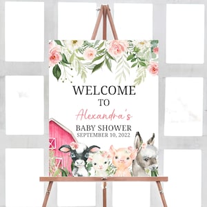 Girl Farm Baby Shower Welcome Sign, Floral Farm Animals Baby Shower Welcome Sign, Pink Barnyard Decorations, Rustic Printable Template 0208