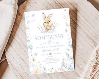 Editable Blue Floral Bunny Baby Shower Invitation, Easter Rabbit Wildflower Baby Shower Invite, Boy Some Bunny is on the Way Invite, 01023