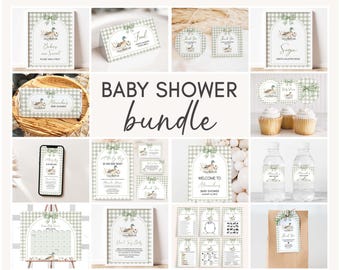 Editable Duck Baby Shower Bundle, Mallard Baby Shower Pack, Green Gingham Mallard Duck Shower, Hunting Shower Mega Bundle Template, 01113